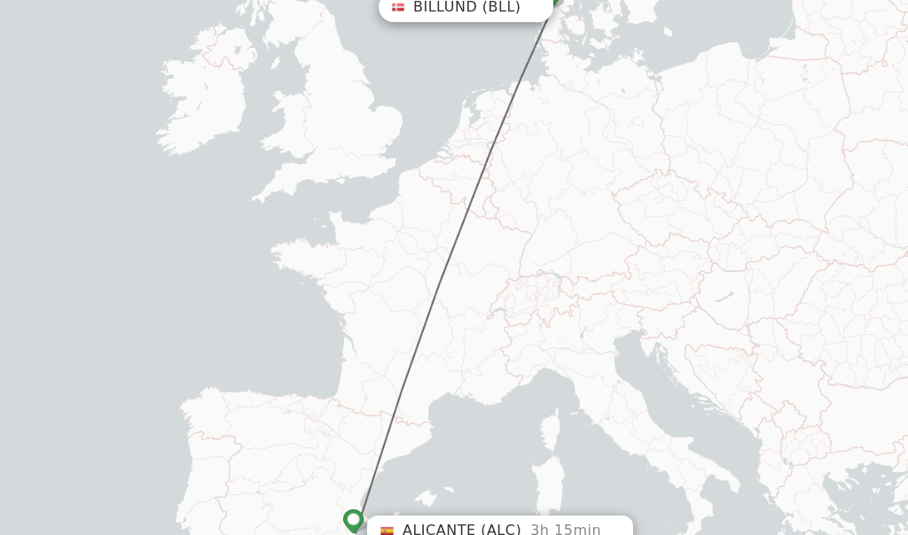 Flights from Billund to Alicante route map