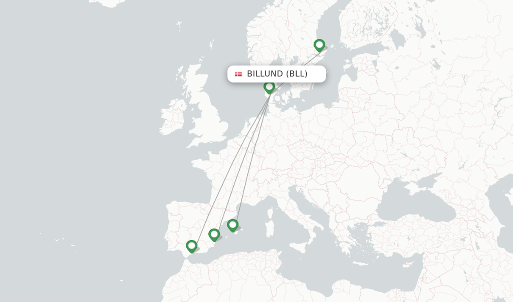 Route map with flights from Billund with Norwegian Air Sweden