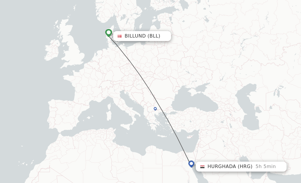 Flights from Billund to Hurghada route map