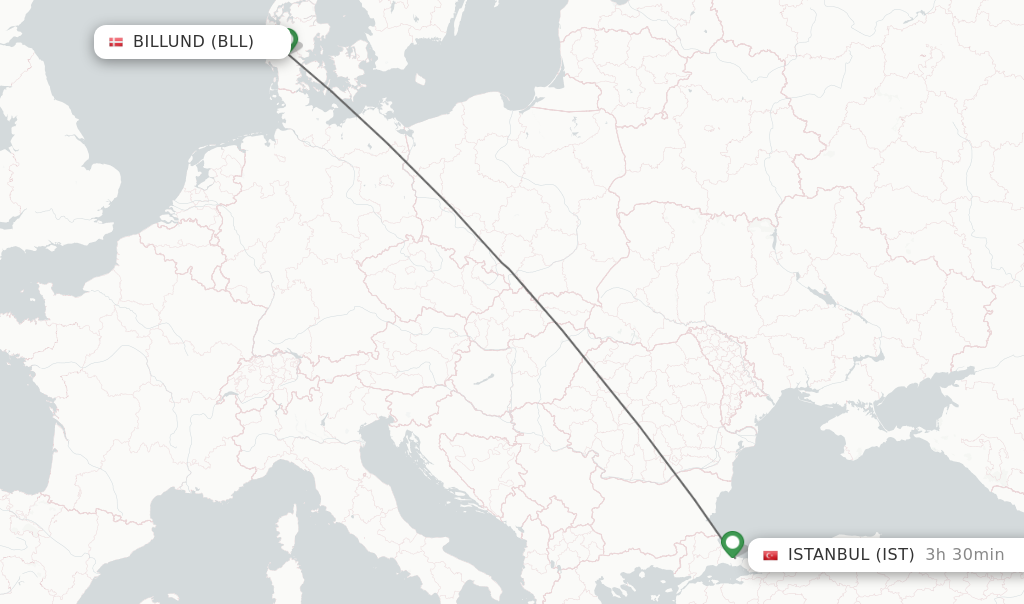 Flights from Billund to Istanbul route map
