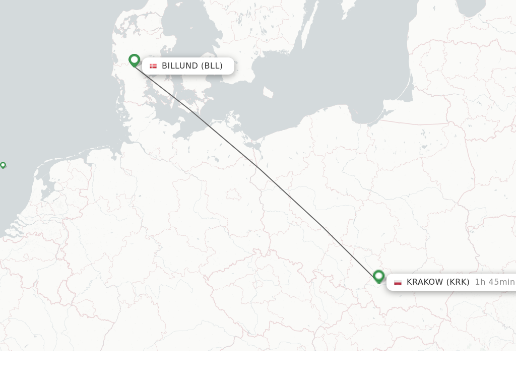 Flights from Billund to Krakow route map