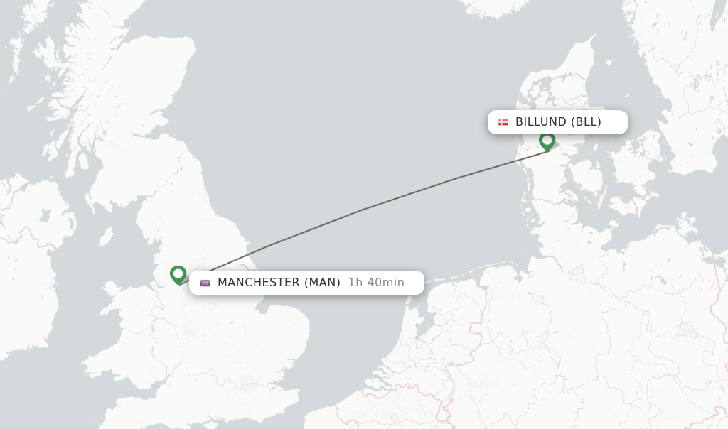 Flights from Billund to Manchester route map