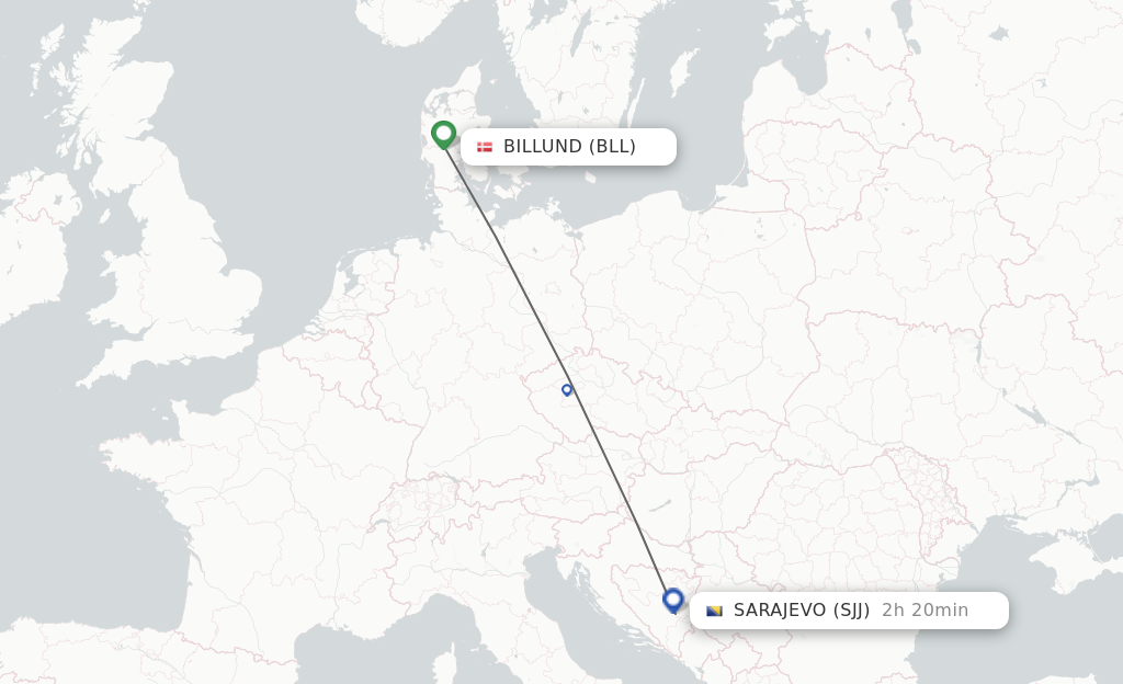 Flights from Billund to Sarajevo route map