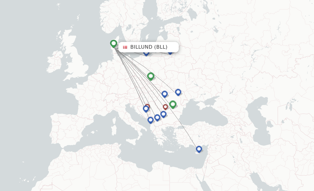 Route map with flights from Billund with Wizz Air