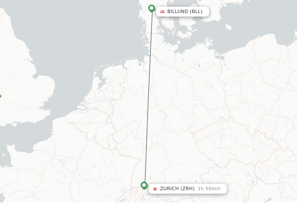 Flights from Billund to Zurich route map