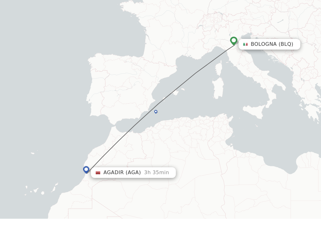 Flights from Bologna to Agadir route map