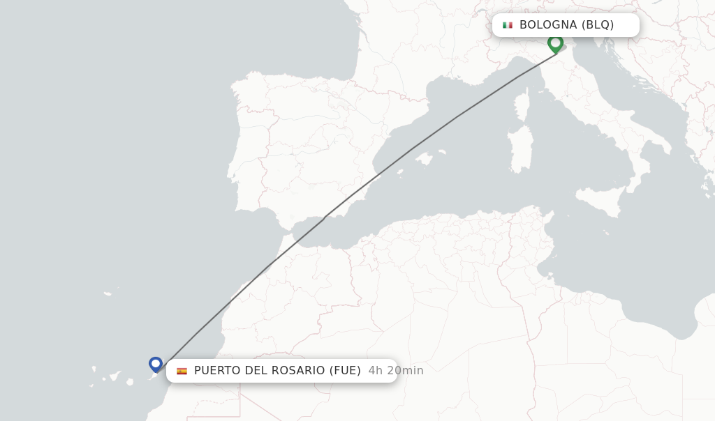 Flights from Bologna to Puerto del Rosario route map
