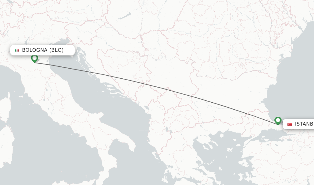 Flights from Bologna to Istanbul route map