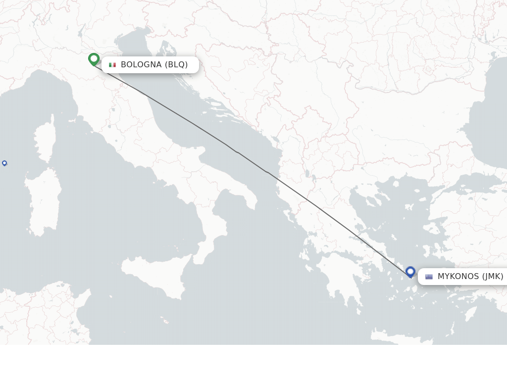 Flights from Bologna to Mykonos route map