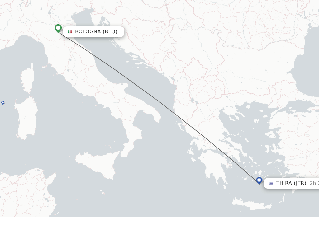 Flights from Bologna to Thira route map