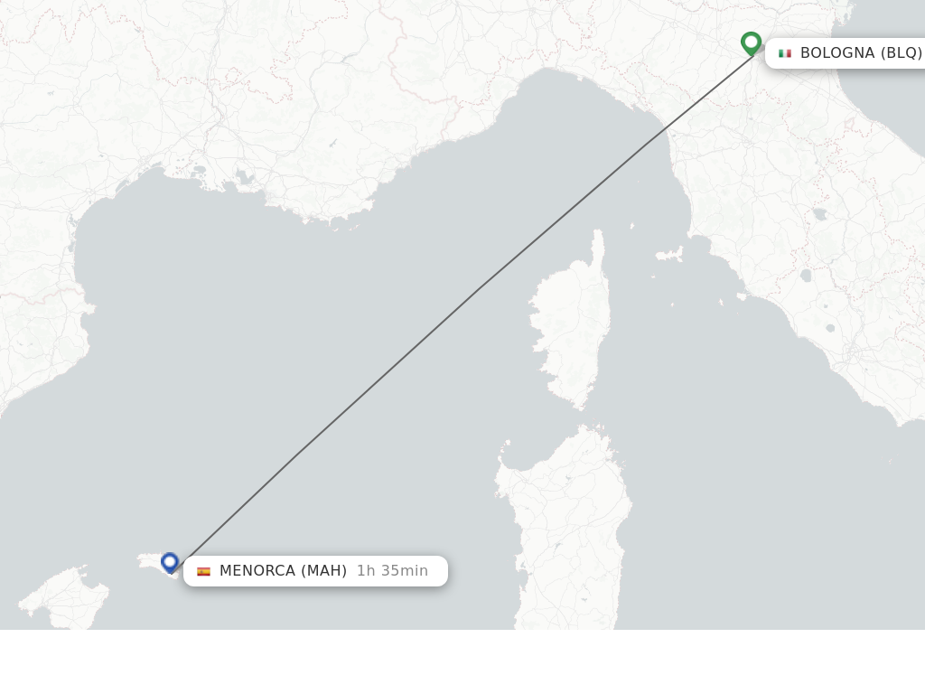 Flights from Bologna to Menorca route map