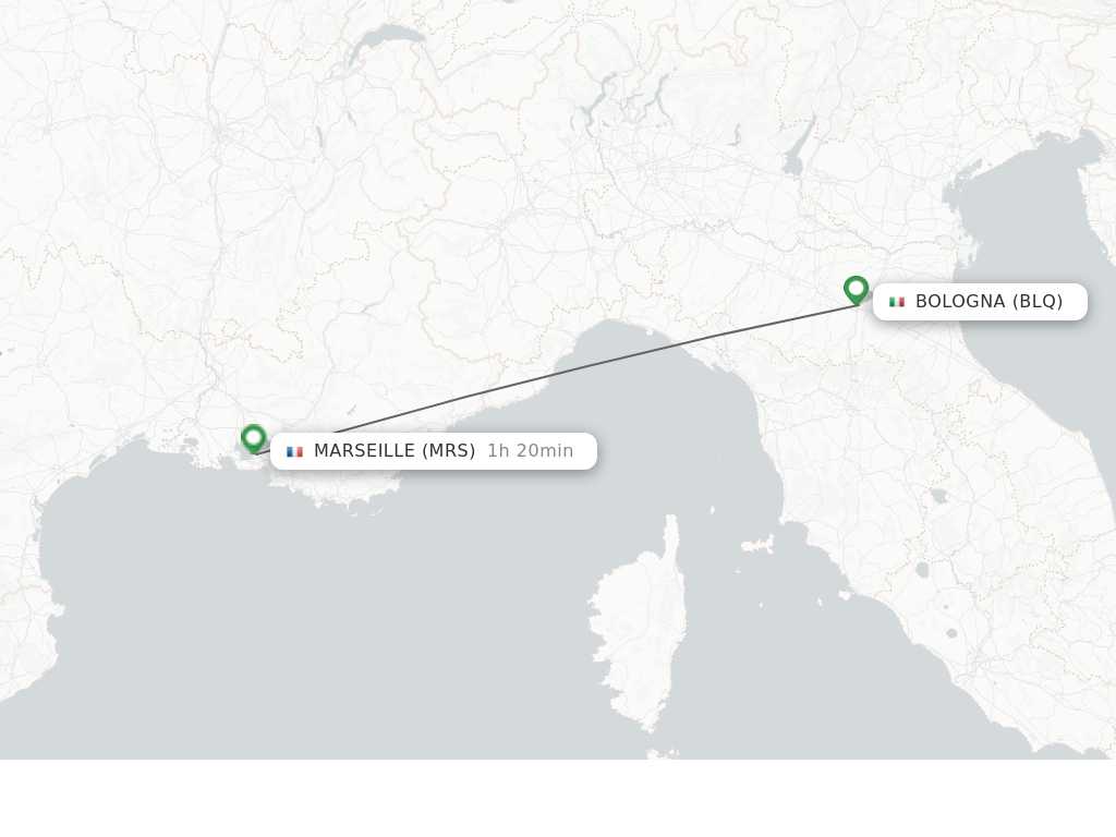 Flights from Bologna to Marseille route map