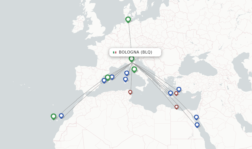 Route map with flights from Bologna with Neos