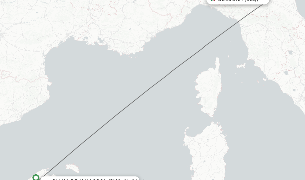 Flights from Bologna to Palma de Mallorca route map