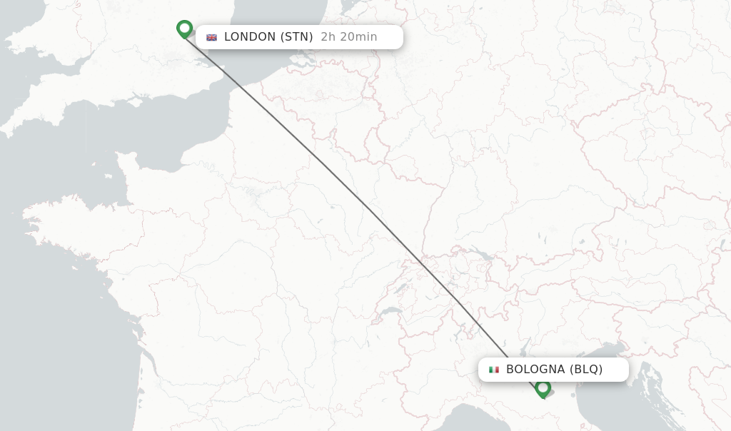 Flights from Bologna to London route map