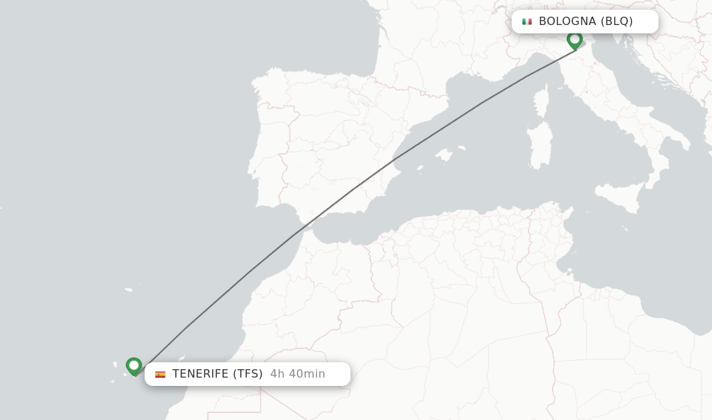 Flights from Bologna to Tenerife route map