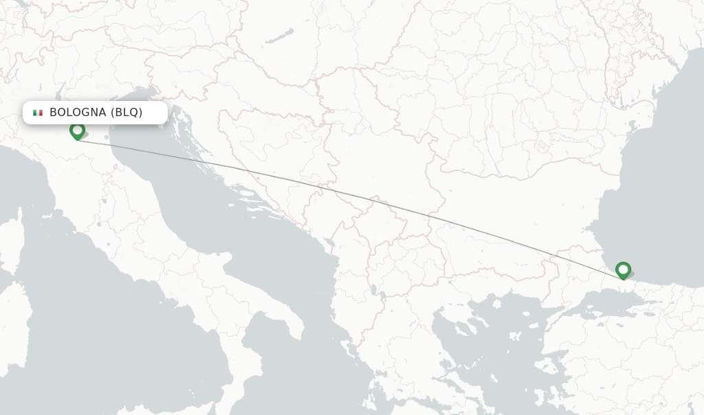 Route map with flights from Bologna with Turkish Airlines