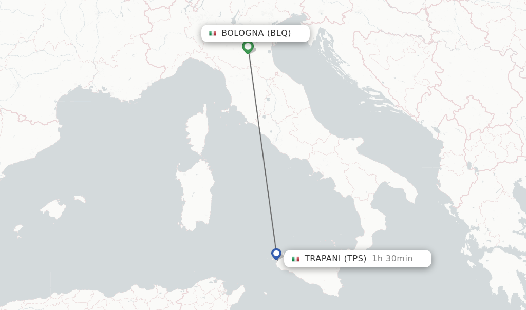 Flights from Bologna to Trapani route map