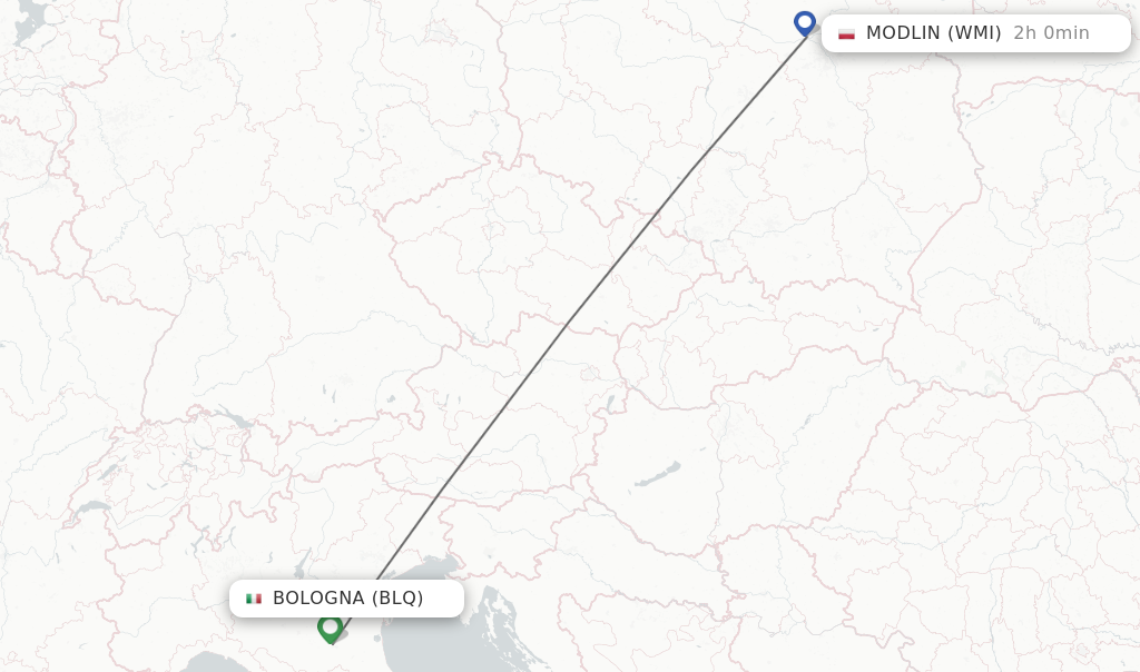 Flights from Bologna to Modlin route map
