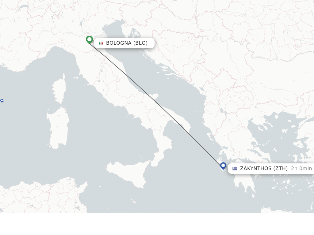 Flights from Bologna to Zakinthos route map