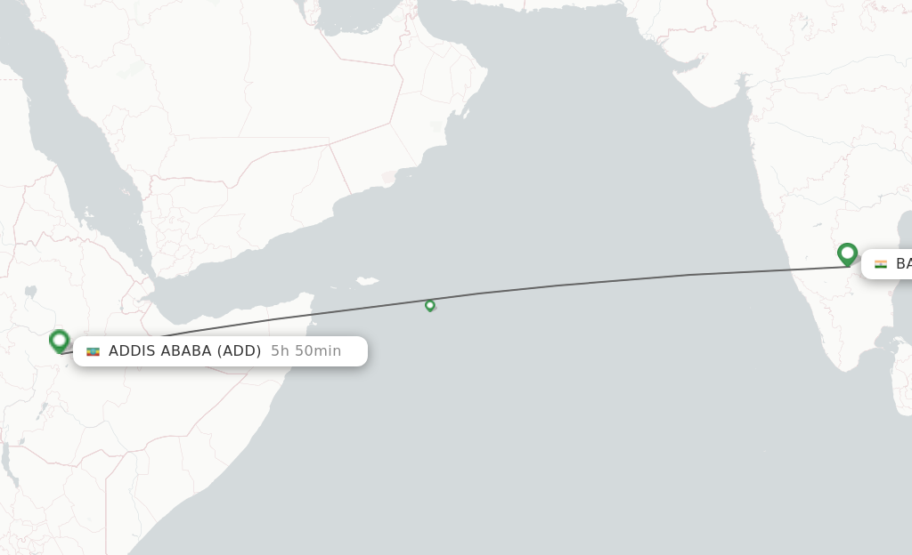 Flights from Bengaluru to Addis Ababa route map