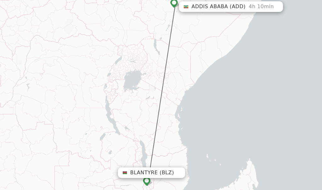 Flights from Blantyre to Addis Ababa route map