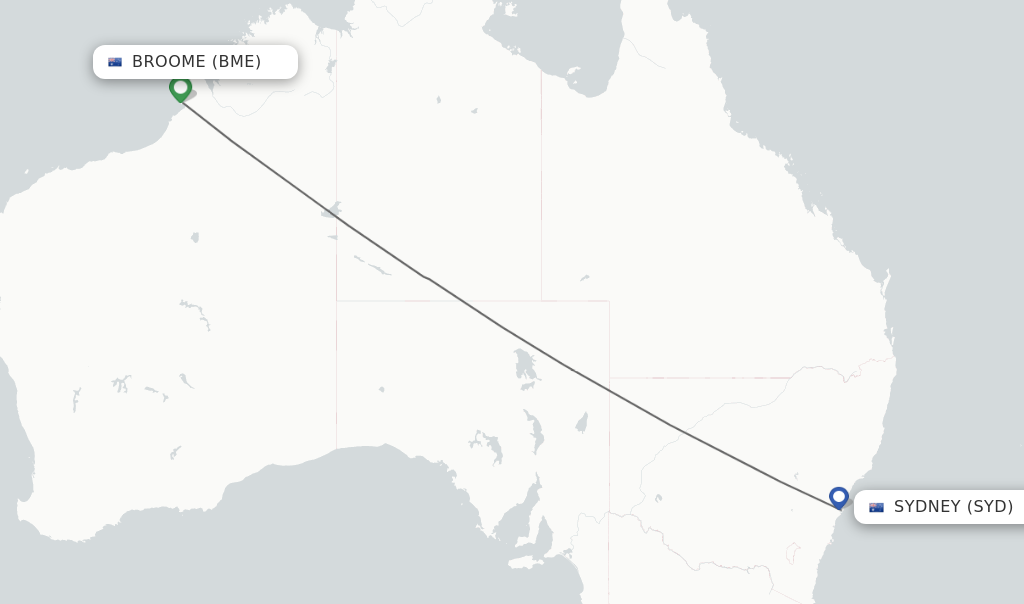 Flights from Broome to Sydney route map