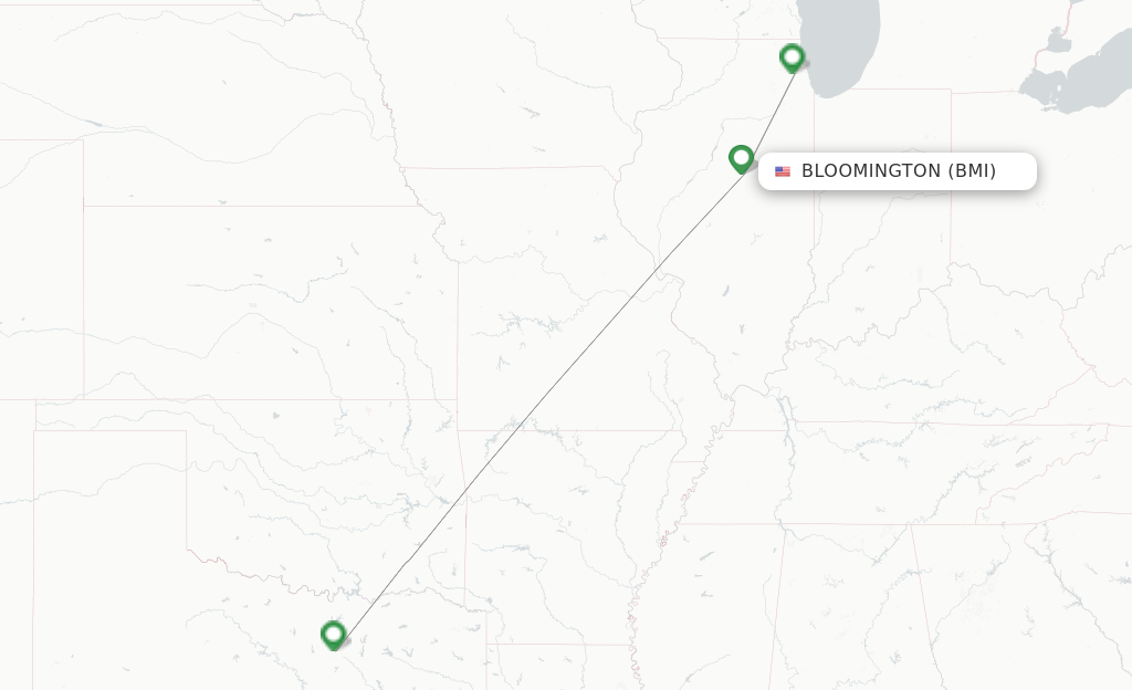 Route map with flights from Bloomington with American Airlines