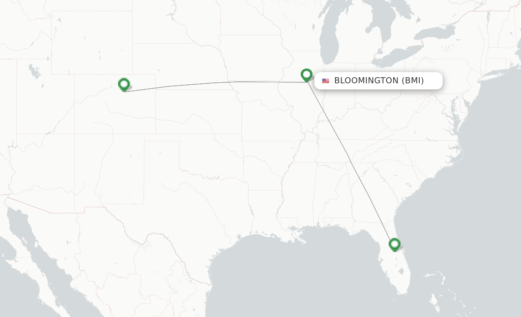 Route map with flights from Bloomington with Frontier Airlines