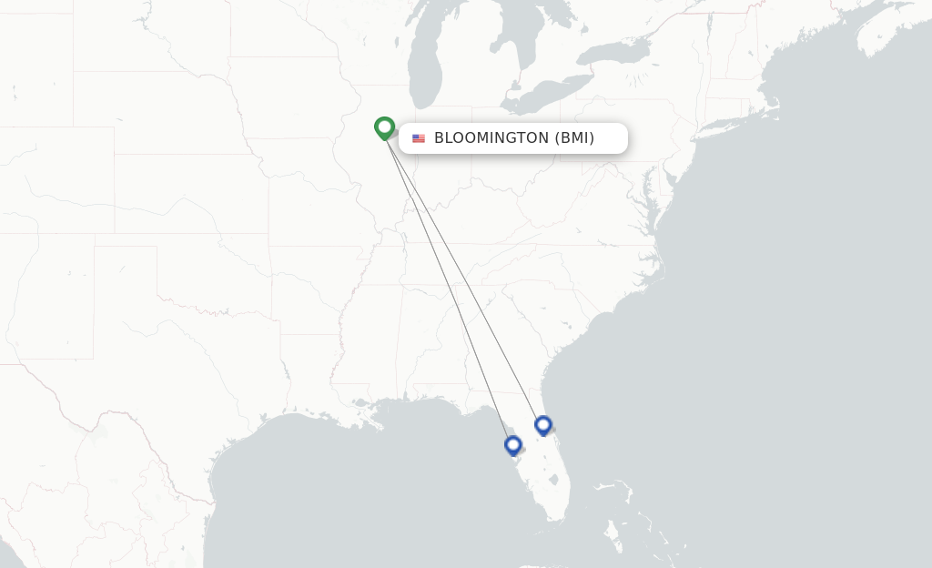 Route map with flights from Bloomington with Allegiant Air