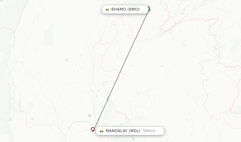 Flights from Bhamo to Mandalay route map