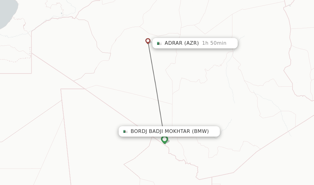 Flights from Bordj Badji Mokhtar to Adrar route map