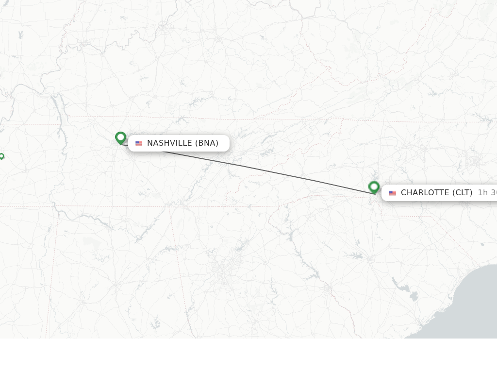Flights from Nashville to Charlotte route map