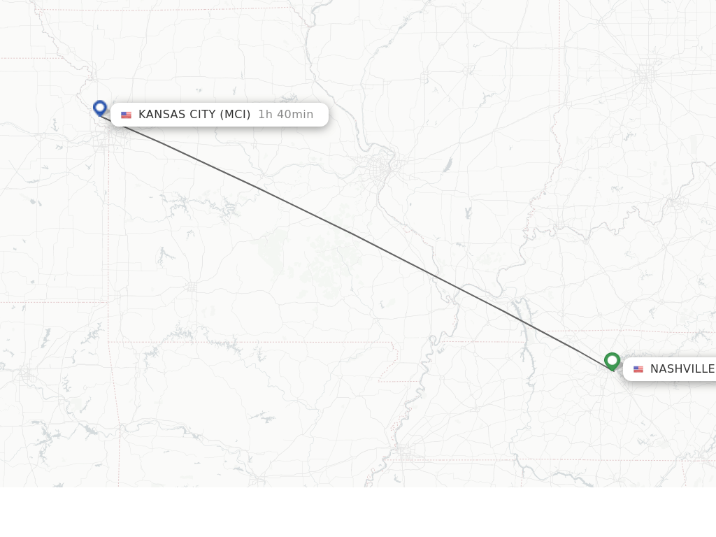 Flights from Nashville to Kansas City route map