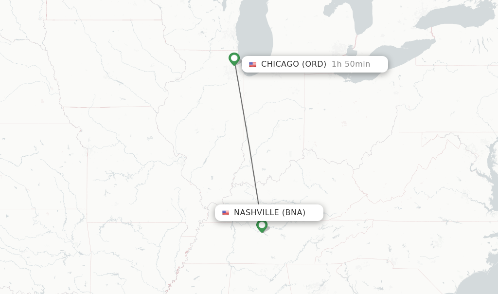 Flights from Nashville to Chicago route map