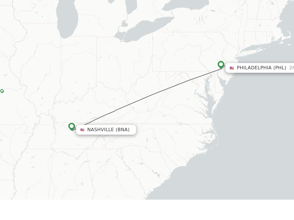 Flights from Nashville to Philadelphia route map