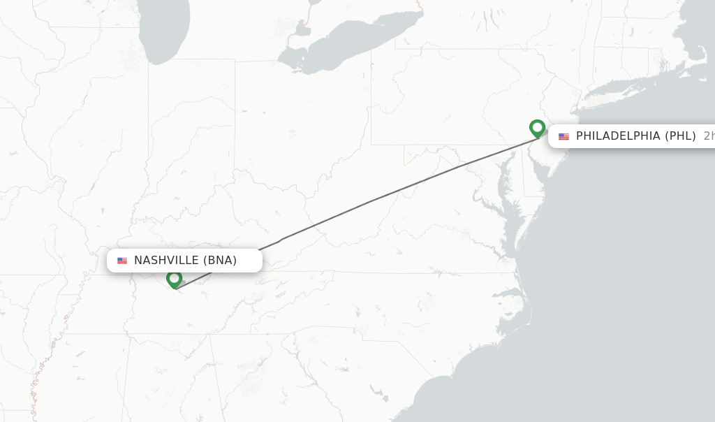 Flights from Nashville to Philadelphia route map
