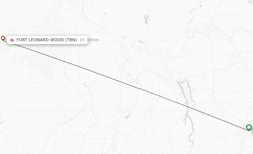 Flights from Nashville to Fort Leonard Wood route map