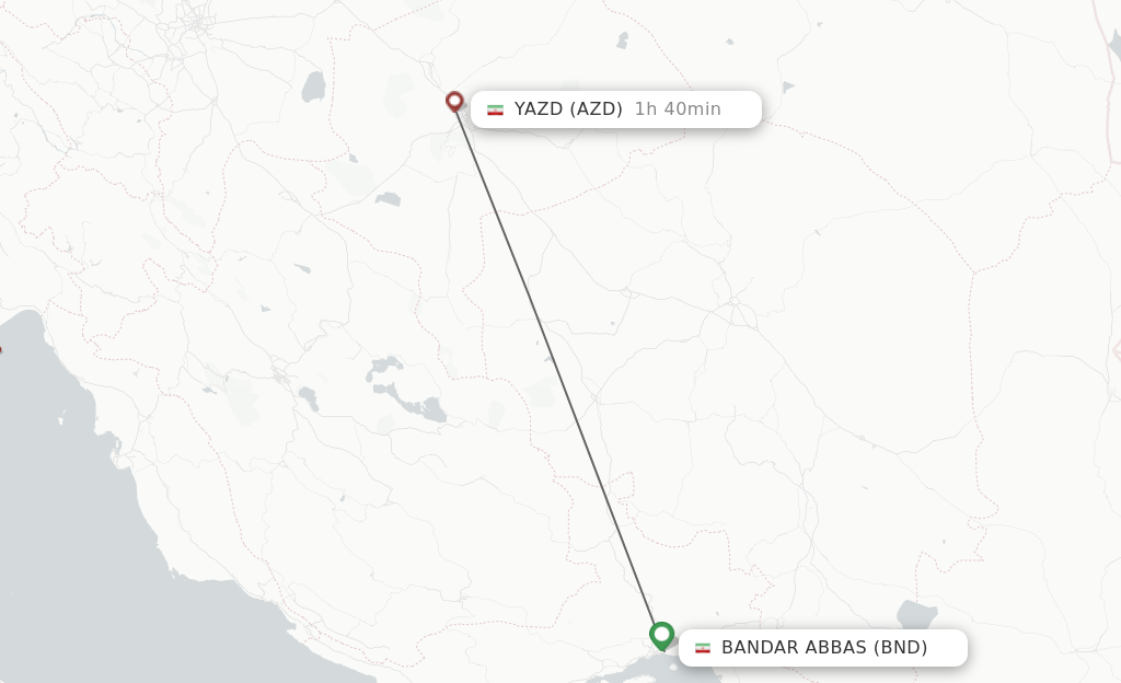 Flights from Bandar Abbas to Yazd route map