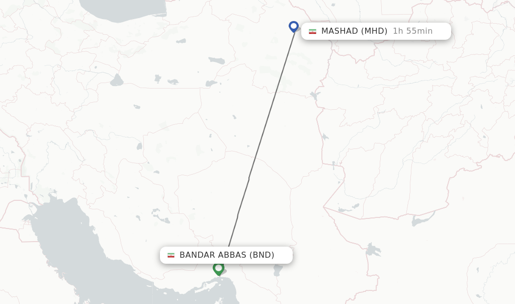 Flights from Bandar Abbas to Mashad route map