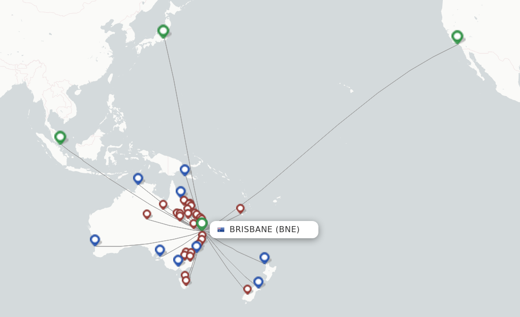 Route map with flights from Brisbane with Qantas