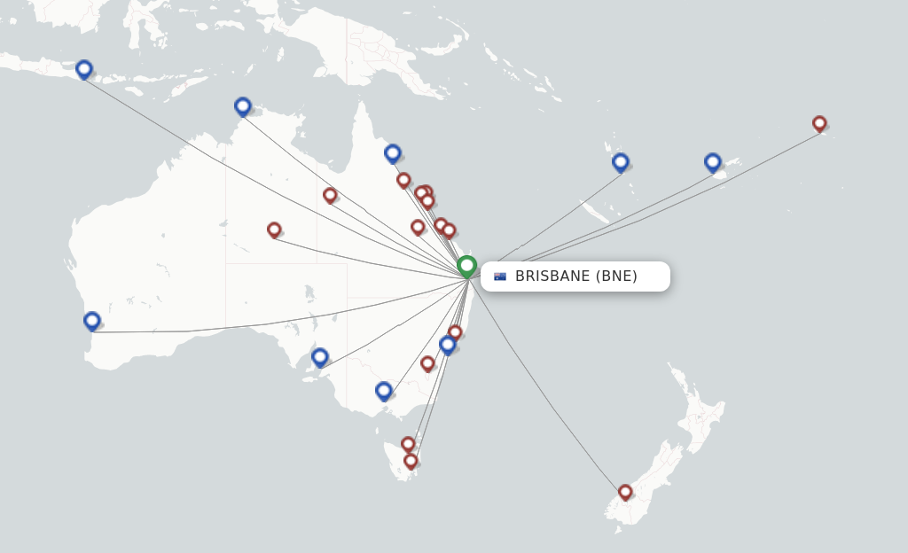Route map with flights from Brisbane with Virgin Australia