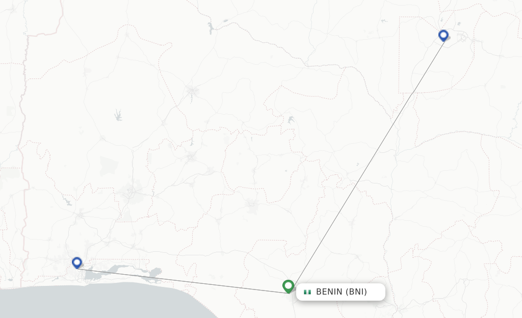 Route map with flights from Benin City with Kuwait National Airways