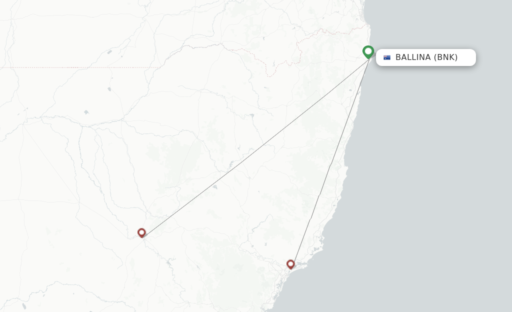 Route map with flights from Ballina with FlyPelican