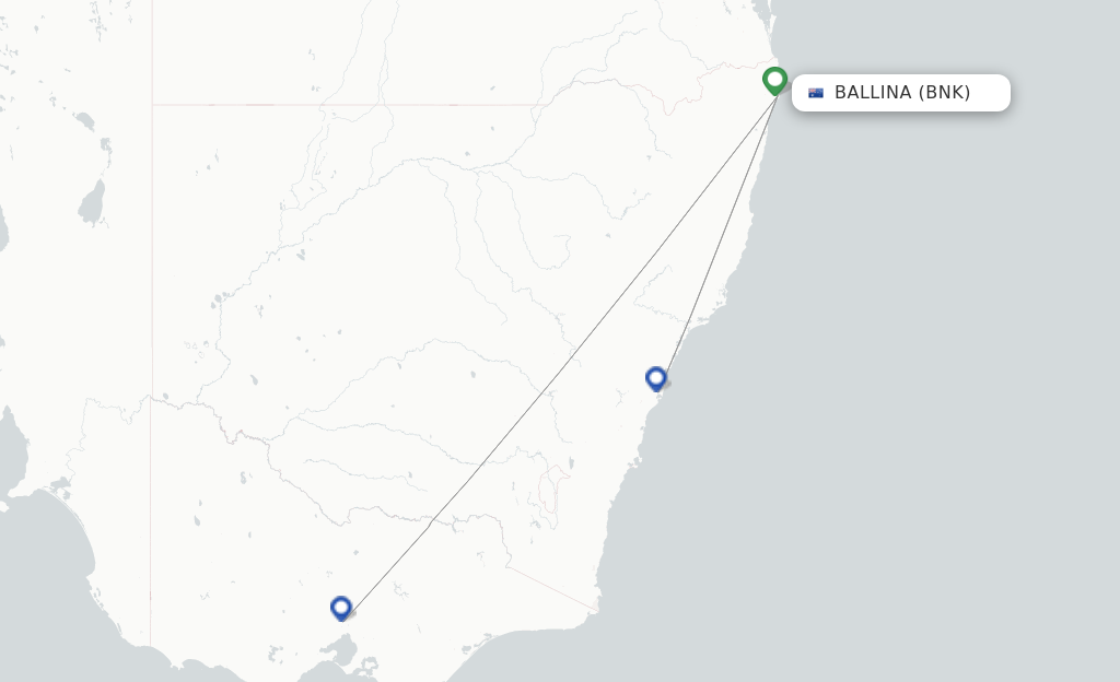 Route map with flights from Ballina with Jetstar