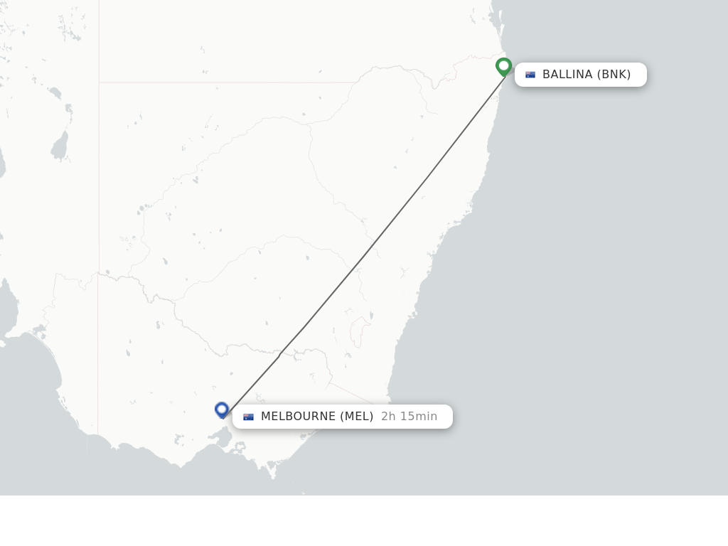 Flights from Ballina to Melbourne route map