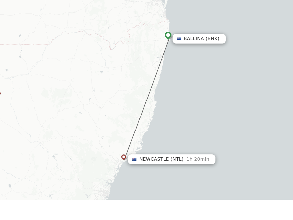 Flights from Ballina to Newcastle route map