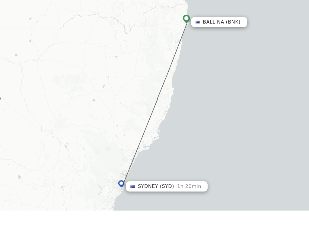 Flights from Ballina to Sydney route map