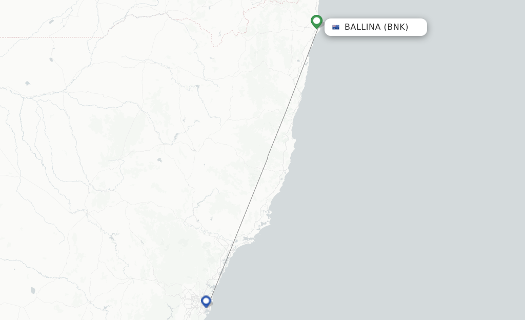Route map with flights from Ballina with Virgin Australia