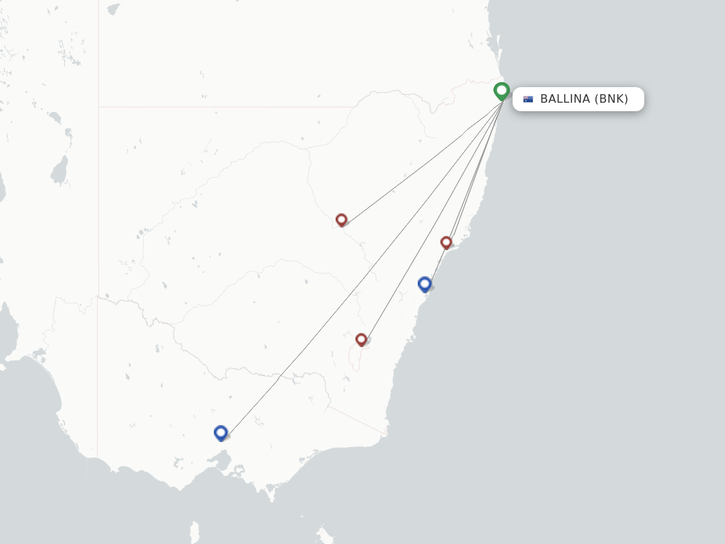 Flights from Ballina to Canberra route map